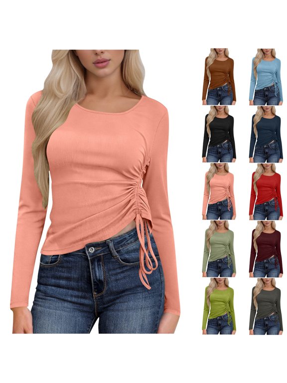 Women's Long Sleeve Side Ruched Top Casual Slim Fit Drawstring Shirt Spring Fashion Tee Pink XXL