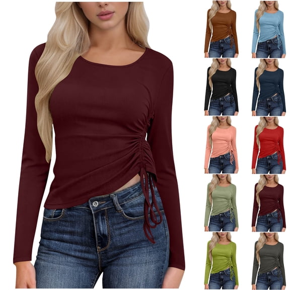 Women's Long Sleeve Side Ruched Top Casual Slim Fit Drawstring Shirt Spring Fashion Tee Wine M