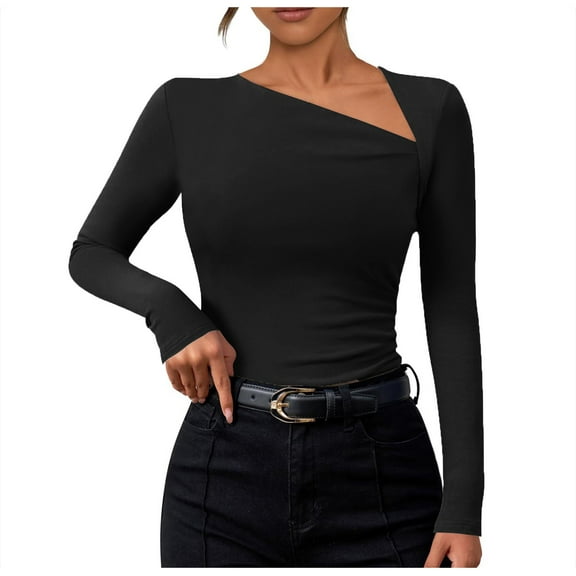 Women's Long Sleeve Slim Fit Knit Top Asymmetrical Neckline Soft Stretch Casual Blouse Comfortable Stylish Basic Tee