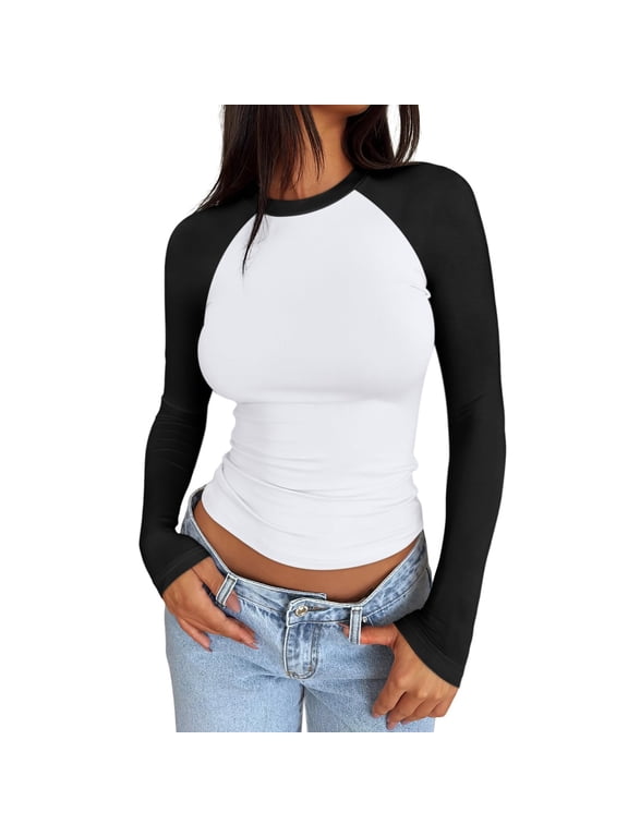 Women's Long Sleeve Slim Fit Shirts Trendy Color Block Going Out Crop Tops Spring Fall Basic Tees Y2K Clothes'M