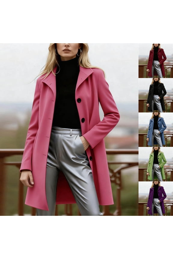 Women's Long Sleeve Slim Fit Single Breasted Wool Coat, Mid-Length Trench Coats Jackets Outerwear, Solid Color Casual Business Office Winter Travel Fashion Essential Gift for Women