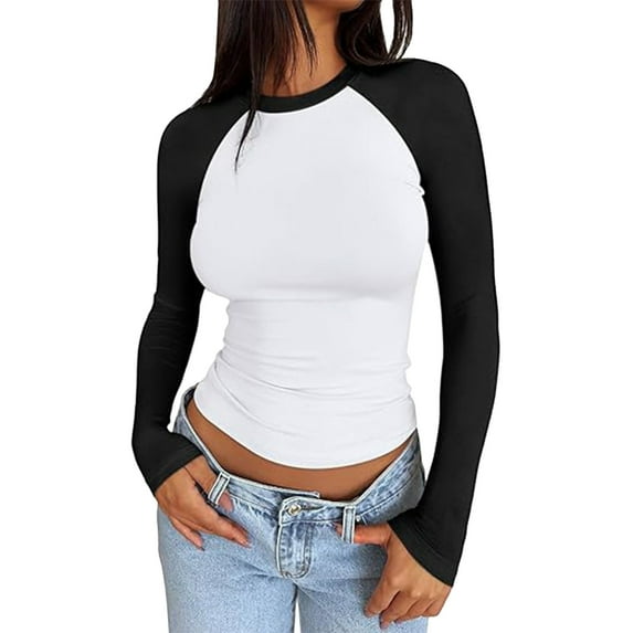 Women's Long Sleeve Slim Fit Stretchy Color Block Cropped T-Shirt Casual Comfortable Fashion Top