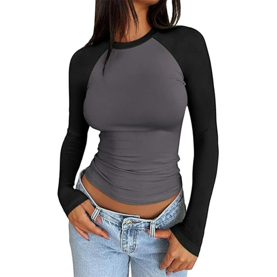 Women's Long Sleeve Slim Fit Stretchy Color Block Cropped T-Shirt Casual Comfortable Fashion Top