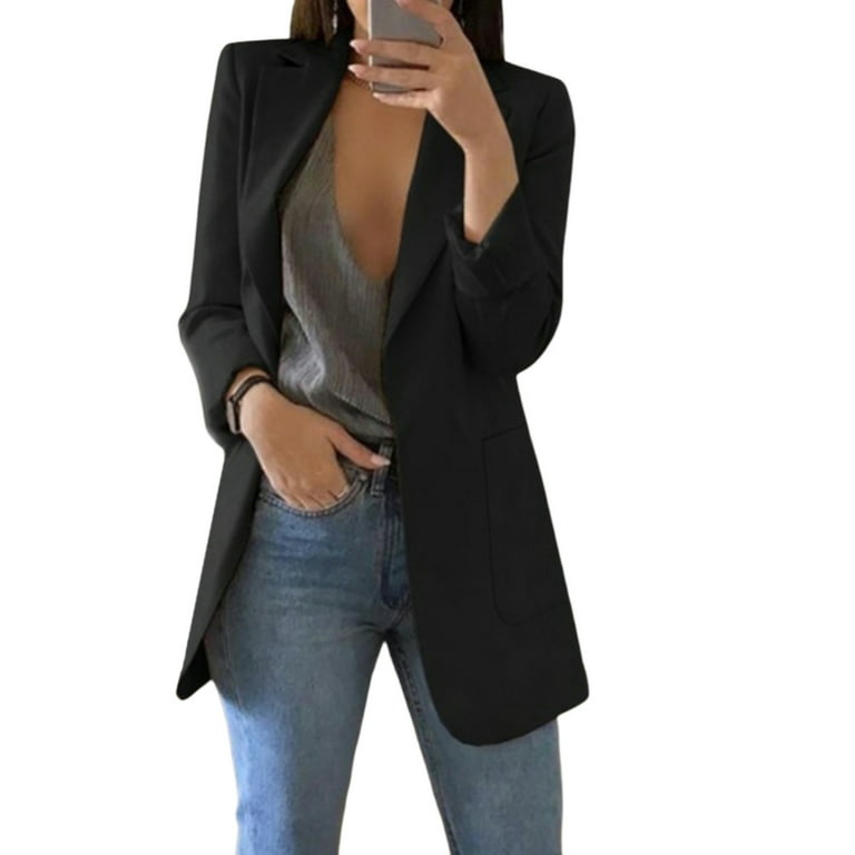 Women's Long Sleeve Slim Fit Suit Jacket,Open Front Blazer Cardigan Lapel  Pockets Button Work Office Coat Overcoats,Autumn Petite Girls Casual Jacket,XS-XL  Black 
