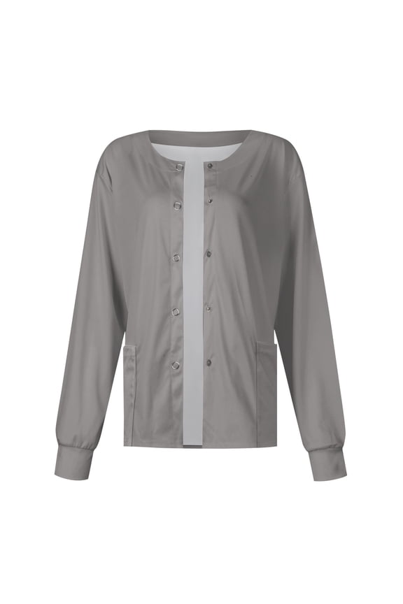 Women's Long Sleeve Snap Front Scrub Jacket Round Neck Medical Uniform Cardigan with Pockets Gray L