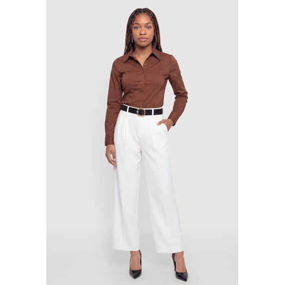Women's Long Sleeve Solid Button Front Poplin Shirt