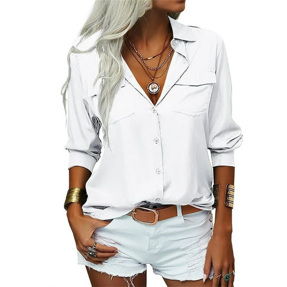Women's Long Sleeve Solid Color Button Turn-down Collar Blouse Tops with Pockets