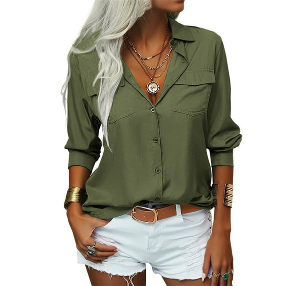 Women's Long Sleeve Solid Color Button Turn-down Collar Blouse Tops with Pockets