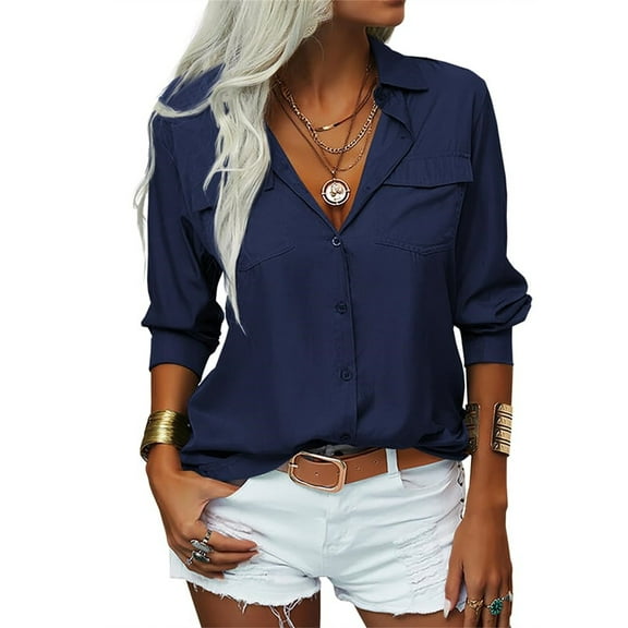 Women's Long Sleeve Solid Color Button Turn-down Collar Blouse Tops with Pockets