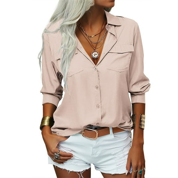 Women's Long Sleeve Solid Color Button Turn-down Collar Blouse Tops with Pockets