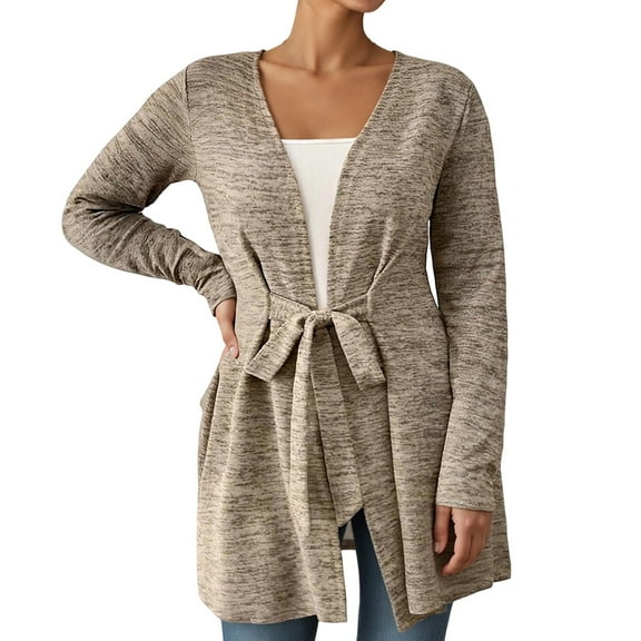 Women's Long Sleeve Solid Color Casual Loose Fit Cardigan Wrap Front Open Knit Sweater Lightweight Comfortable Outerwear