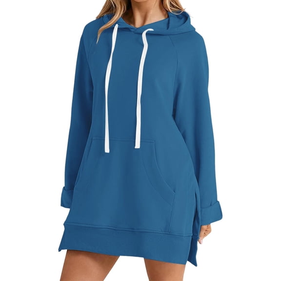 Women's Long Sleeve Solid Color Pocket Hooded Medium Long Casual Loose Hoodie, Polyester, S-XXXL, Fall/Winter Wear