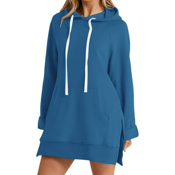 Women's Long Sleeve Solid Color Pocket Hooded Medium Long Casual Loose Hoodie, Polyester, S-XXXL, Fall/Winter Wear