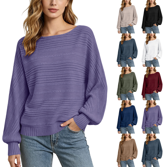Women's Long Sleeve Solid Color Shirts Oversized Batwing Knit Tops Crew Neck Casual and Trendy Pullover Top Winter Fashion Outfits