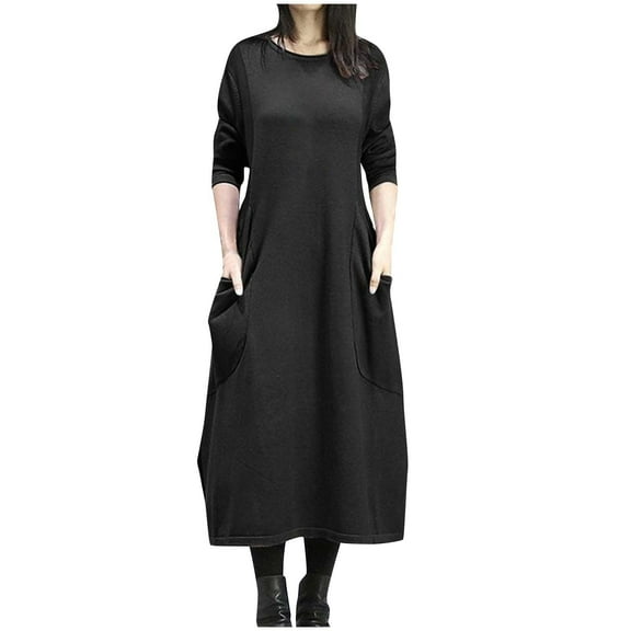 ZQUUVOU Women's Long Sleeve Solid Loose Maxi Dress With Pocket Muslin Girl Winter Loose Dress Black