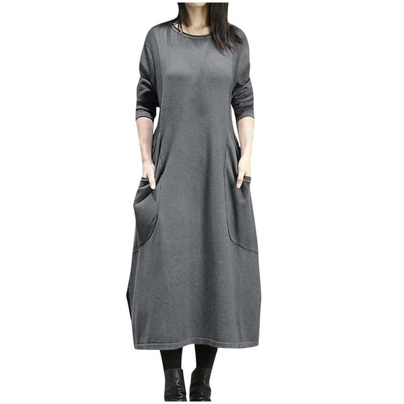 ZQUUVOU Women's Long Sleeve Solid Loose Maxi Dress With Pocket Muslin Girl Winter Loose Dress Gray