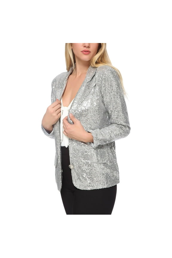 Women's Long Sleeve Sparkle Sequin Two Button Blazer Jacket-XX Large, Silver