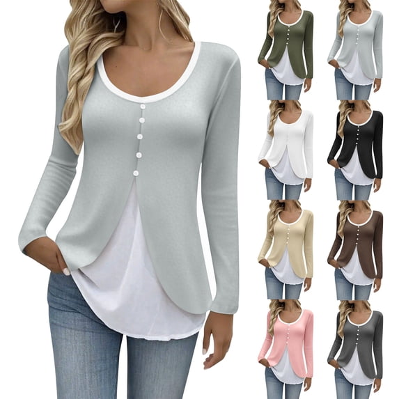 Women's Long Sleeve Splicing Fake Two Piece Tunic Tops Waist Cinching Fashion Blouse Work Office Outfits | CSEONE,Black L