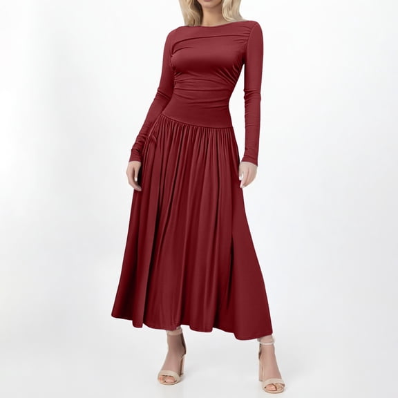 Women's Long Sleeve Spring Maxi Dress 2025 Crewneck Knit Casual Slim Swing Pleated Dresses With Pockets Ladies T Shirt Dresses Casual Pocket Dress Summer Tunics Tunic Dresses for Summer V Neck Summer