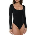 thumbnail image 1 of Women's Long Sleeve Square Neck Bodysuit, Sexy Casual Cute Going Out Top Body Suit, Trendy Spring Summer 2024(Black Large Size), 1 of 5