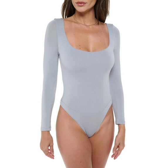 Women's Long Sleeve Square Neck Bodysuit, Sexy Casual Cute Going Out Top Body Suit, Trendy Spring Summer 2024(Steel X-Large Size)