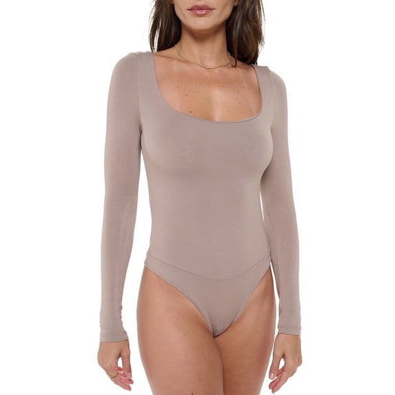 Women's Long Sleeve Square Neck Bodysuit, Sexy Casual Cute Going Out Top Body Suit, Trendy Spring Summer 2024(Taupe Small Size)