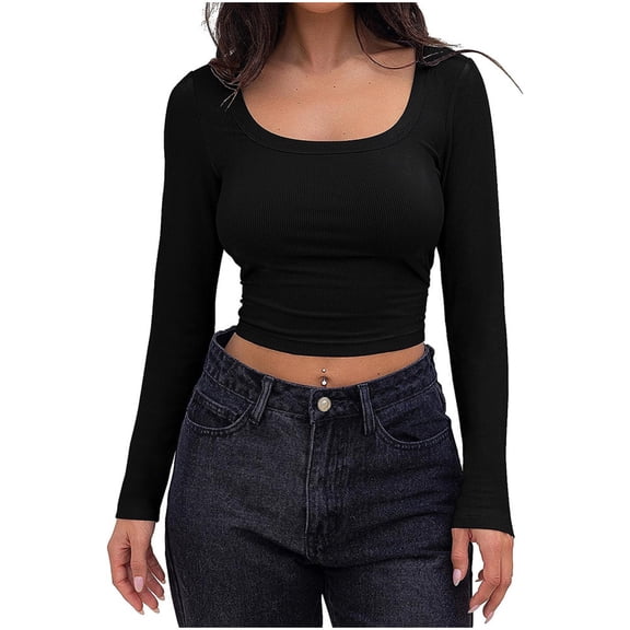 Women's Long Sleeve Square Neck Crop Top Knitted Slim Fitted Shirts Y2k Trendy Basic Blouse Solid Color Casual Fall Clothes (Black M)