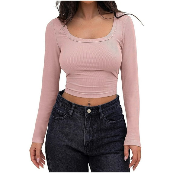 Women's Long Sleeve Square Neck Crop Top Knitted Slim Fitted Shirts Y2k Trendy Basic Blouse Solid Color Casual Fall Clothes (Pink S)