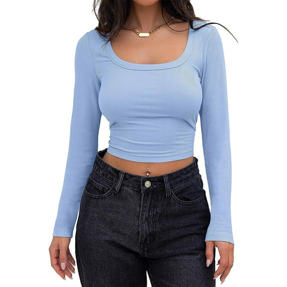 Women's Long Sleeve Square Neck Crop Top Ribbed Slim Fitted Casual T-Shirt Tops