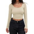 thumbnail image 1 of Women's Long Sleeve Square Neck Crop Top Ribbed Slim Fitted Casual T-Shirt Tops, 1 of 4