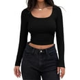 thumbnail image 1 of Women's Long Sleeve Square Neck Crop Top Ribbed Slim Fitted Casual T-Shirt Tops, 1 of 4