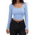 thumbnail image 1 of Women's Long Sleeve Square Neck Crop Top Ribbed Slim Fitted Casual T-Shirt Tops, 1 of 4