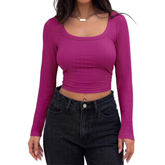 Women's Long Sleeve Square Neck Crop Top Ribbed Slim Fitted Casual T-Shirt Tops