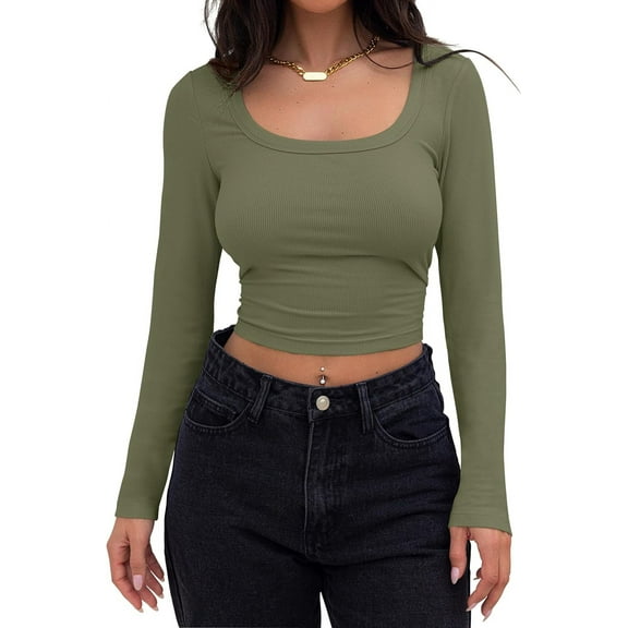 Women's Long Sleeve Square Neck Crop Top Ribbed Slim Fitted Casual T-Shirt Tops