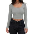thumbnail image 1 of Women's Long Sleeve Square Neck Crop Top Ribbed Slim Fitted Casual T-Shirt Tops, 1 of 4
