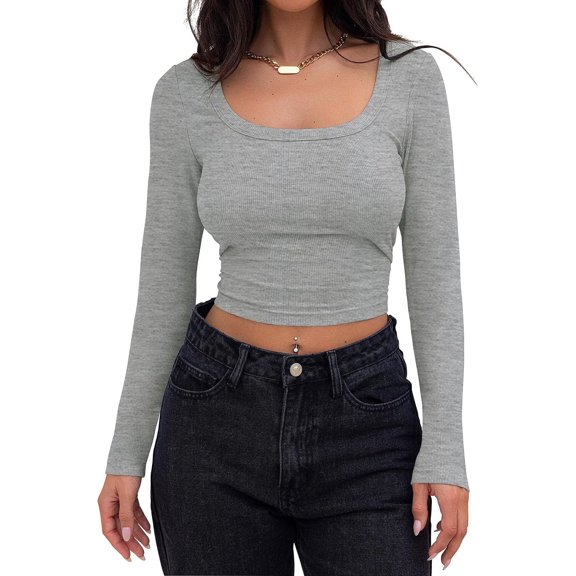 Women's Long Sleeve Square Neck Crop Top Ribbed Slim Fitted Casual T-Shirt Tops