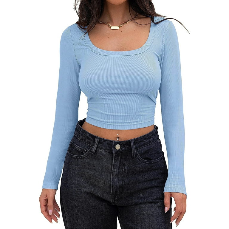 UPCPY Women's Long Sleeve Square Neck T Shirts Ribbed Y2K Casual Fall Slim Fitted  Crop Top, Apricot, Small : : Clothing, Shoes & Accessories