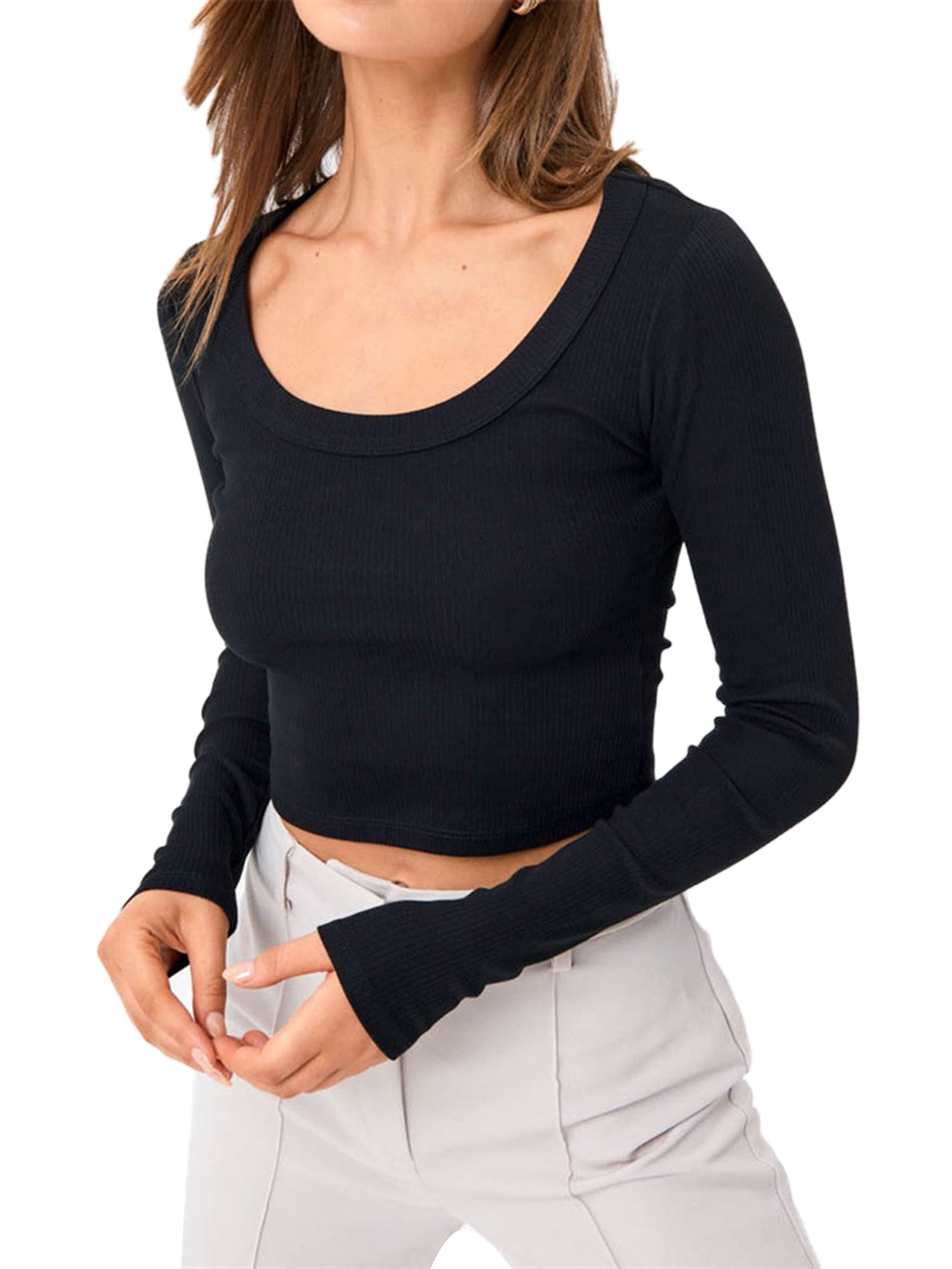 BOOSOULY Women's Basic Square Neck Crop Top Long Sleeve Slim Fit Cropped T Shirts  Black XS at  Women's Clothing store