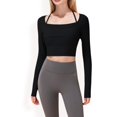 thumbnail image 1 of Women's Long Sleeve Square Neck Cropped Activewear Top with Fitted Design - Large, Black, 1 of 1