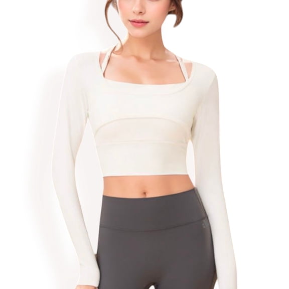 Women's Long Sleeve Square Neck Cropped Activewear Top with Fitted Design - Medium, White