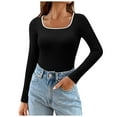 thumbnail image 1 of Women's Long Sleeve Square Neck Knit Top 2024 Fall Slim Fitted Casual Basic Tee Soft Comfortable Stretchable Stylish Blouse, 1 of 2