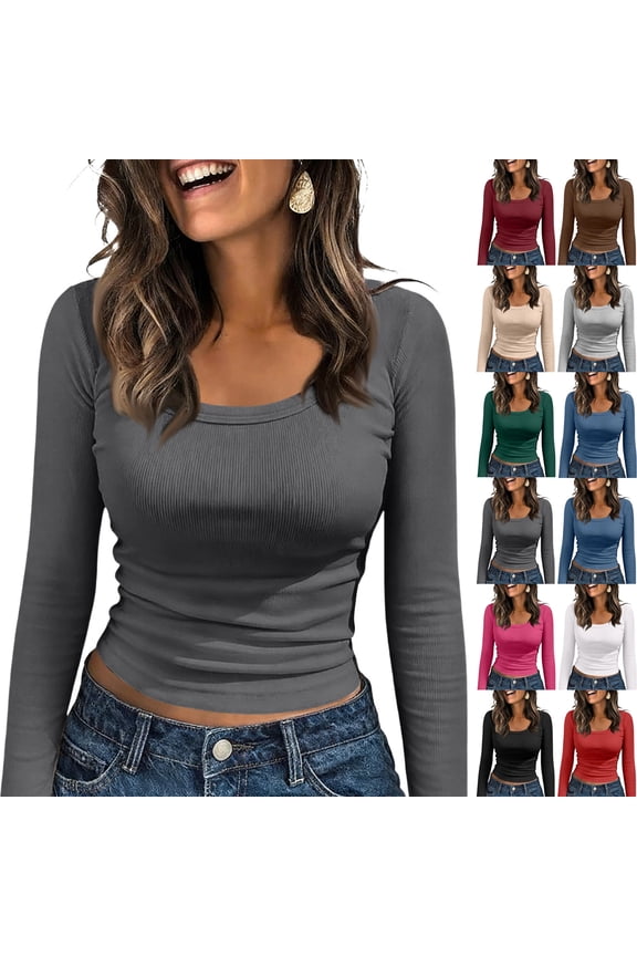 Women's Long Sleeve Square Neck Ribbed Knit Fitted Casual Tops Tee Summer Slim Basic Shirts, Dark Gray M