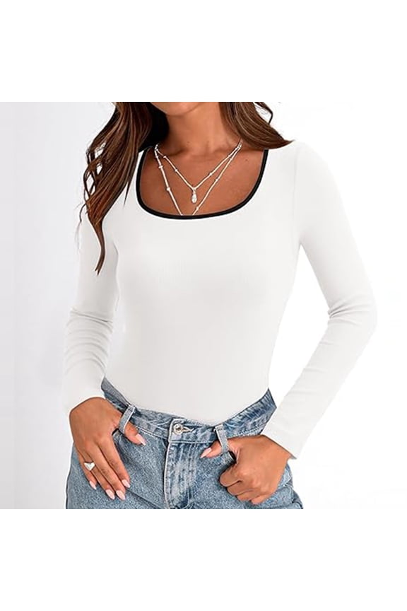Women's Long Sleeve Square Neck Shirts 2024 Fall Knit Tops Slim Fitted Casual Basic Tee Womens Workout Tops Short Sleeve Shirt Juniors Women T Shirts Casual Loose T Shirts Womens Shirts Summer Fitted