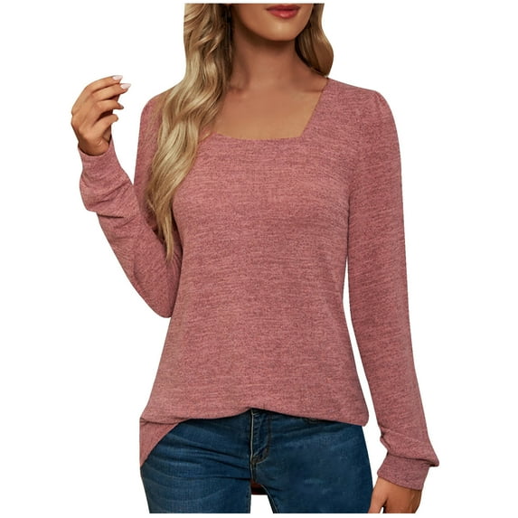 Women's Long Sleeve Square Neck Shrug T-Shirts Casual Solid Pullover Tops Cotton Comfy Soft Blouses Pink,XL