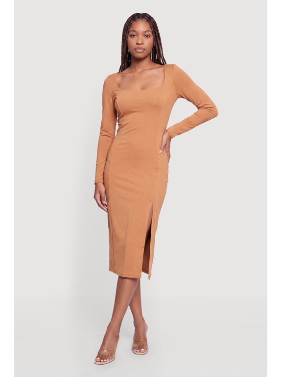 Women's Long Sleeve Square Neck Side Slit Midi Dress