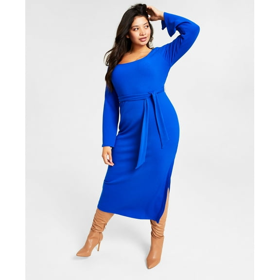 Women's Long-Sleeve Square-Neck Tie Rib Midi Dress Deep Cobalt XS