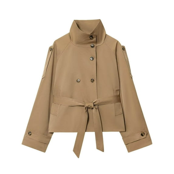 Women's Long Sleeve Stand Collar Cinched Waist Jacket Anorak Outerwear, Casual Versatile Button Down Coat with Pockets, Solid Color Fashion Essential for Daily Wear Travel Streetwear