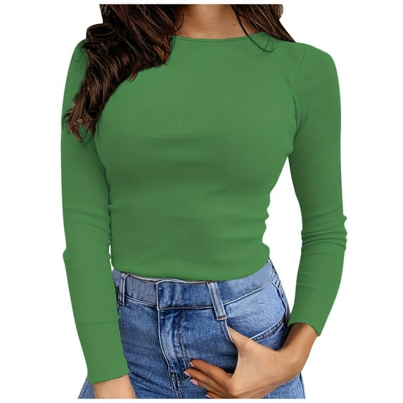Women's Long Sleeve Stretch Ribbed T-Shirt Blouse Pure Color Slim Fit Basic Top Comfortable Casual Fashion Tee