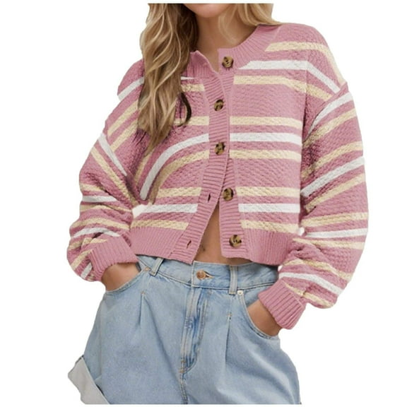 Women's Long Sleeve Striped Cardigan Knit Sweaters Crew Neck Open Front Button Up Color Block Loose Fit Sweaters Coats