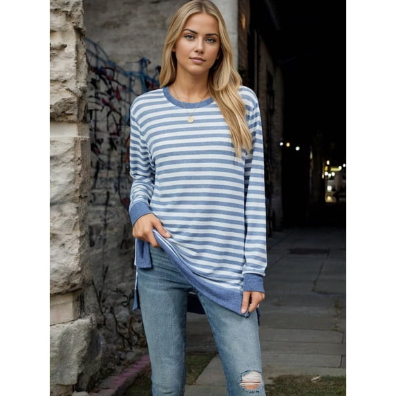 Women's Long Sleeve Striped Pullover with Contrast Hem and Cuffs- Small, Light Blue